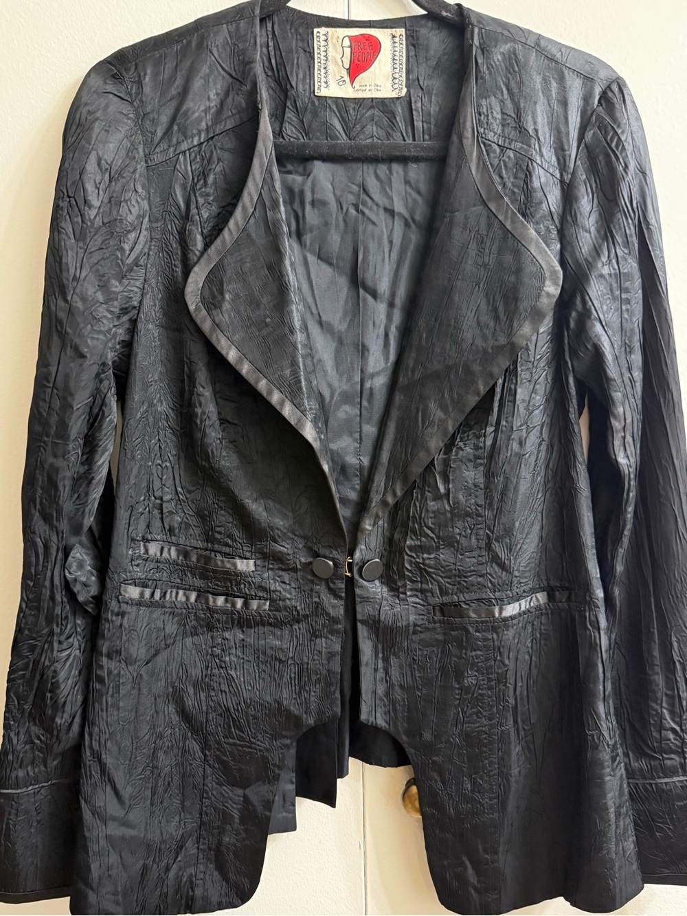 Free People Black Crinkled Crushed Satin Tuxedo Jacket Size 10